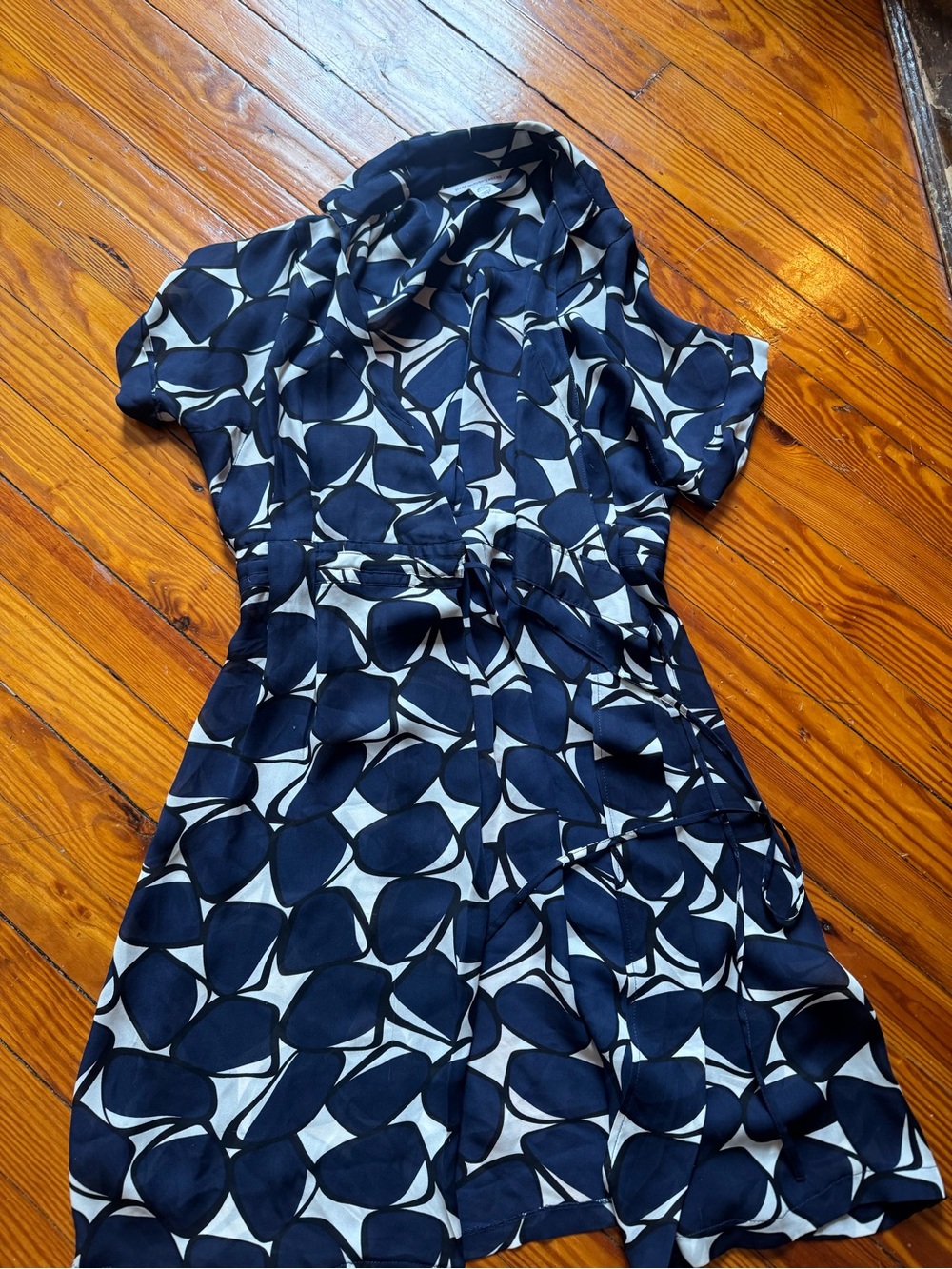 Diane Von Furstenberg Navy and White Geometric Midi Wrap Dress